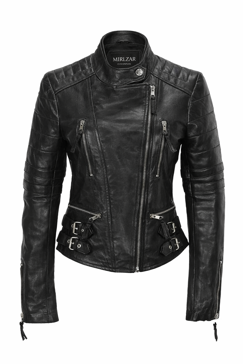 Jacketcart Women’s Black Leather Slim Fit Jacket with Buckle Detail