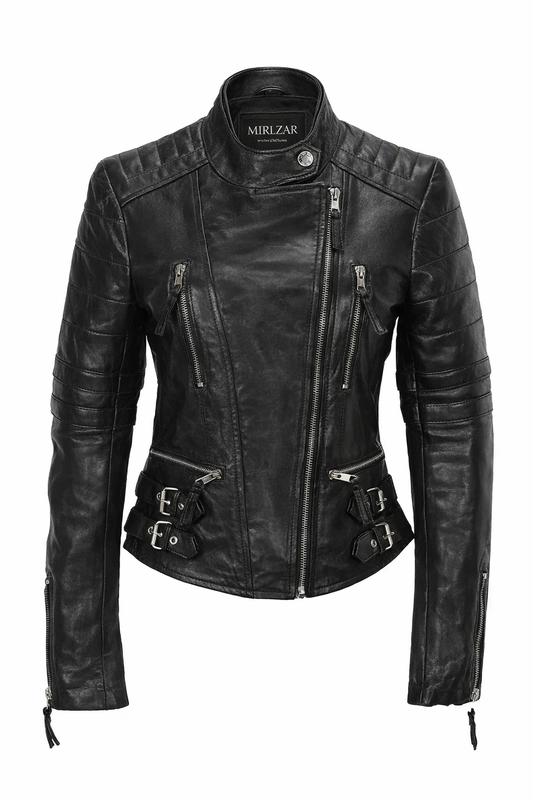 Jacketcart Women’s Black Leather Slim Fit Jacket with Buckle Detail