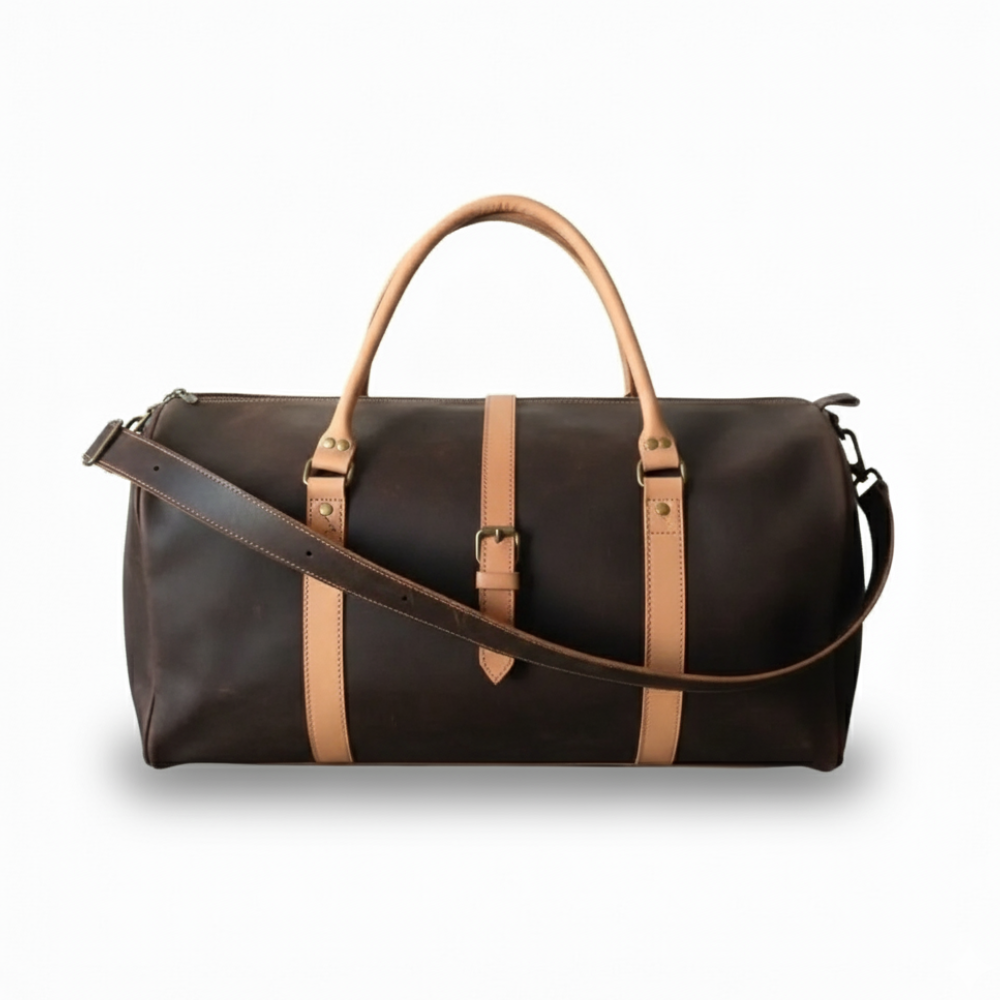 Jacketcart Choco & Tan Full-Grain Pull-Up Leather Duffel Bag