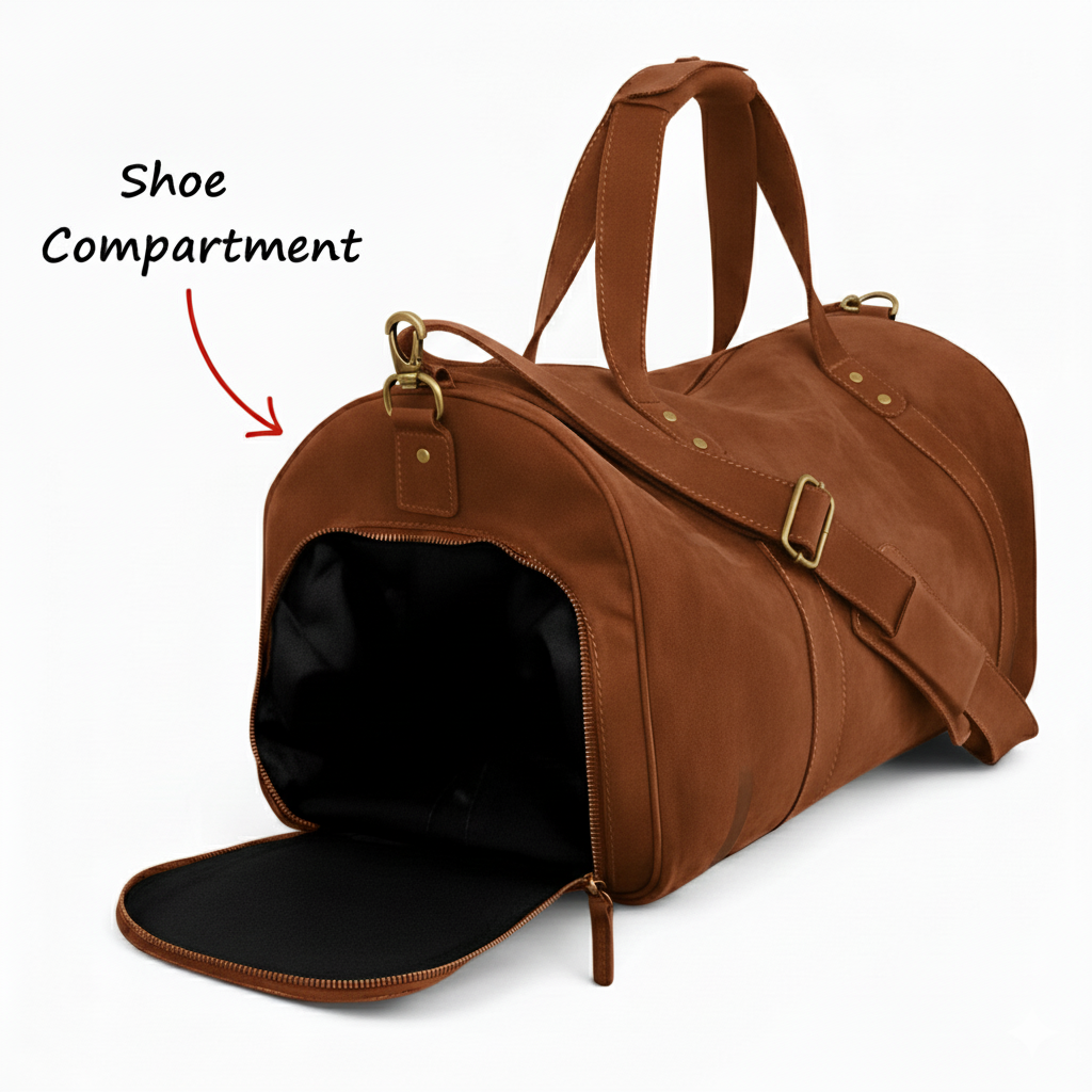 Jacketcart Dark Brown Leather Duffel Bag with Shoe Compartment