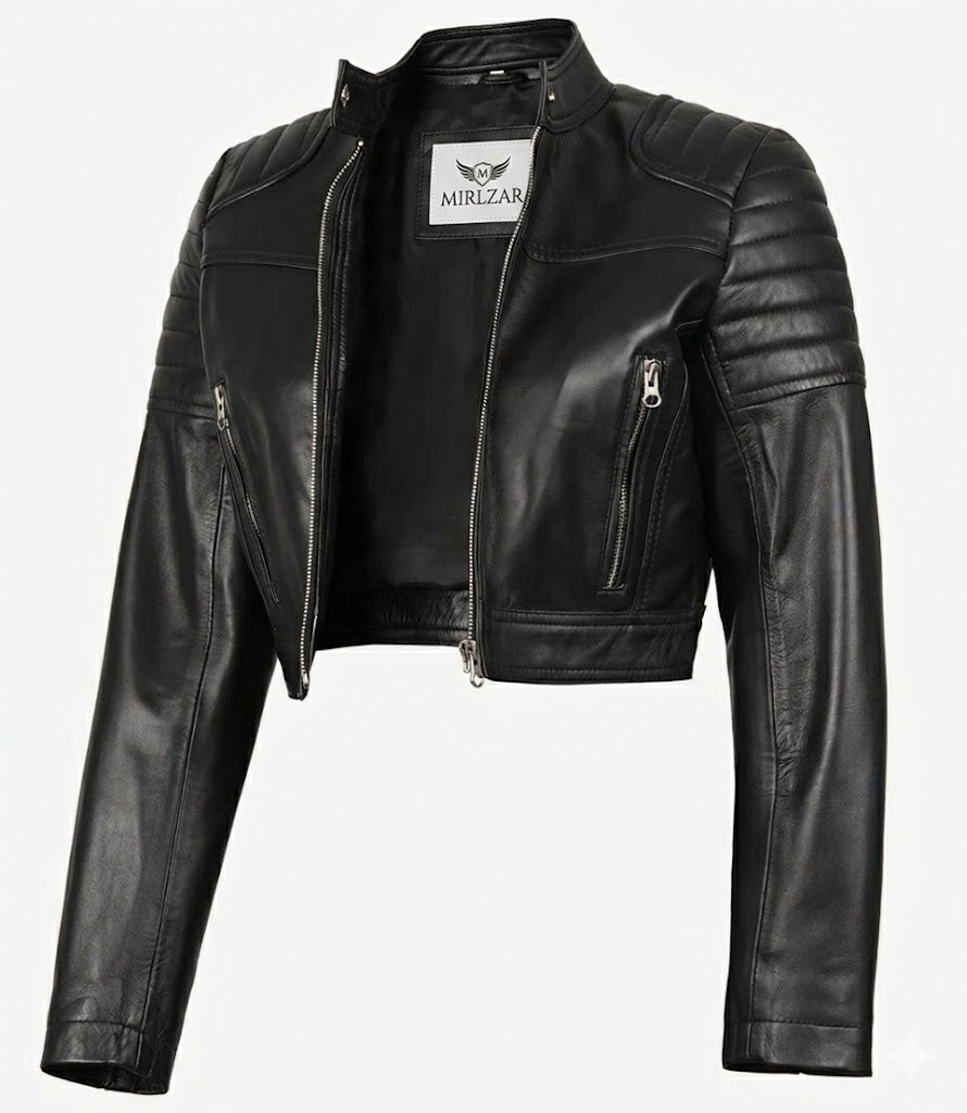 Jacketcart Edna Women’s Black Cropped Leather Jacket – Modern Short Body Fit