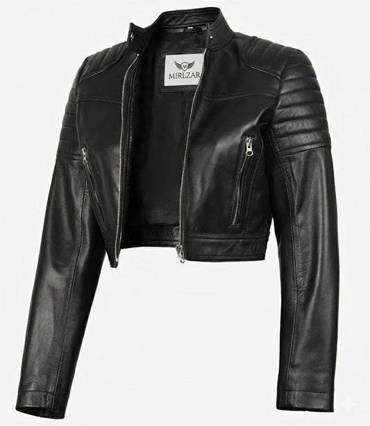 Jacketcart Edna Women’s Black Cropped Leather Jacket – Modern Short Body Fit