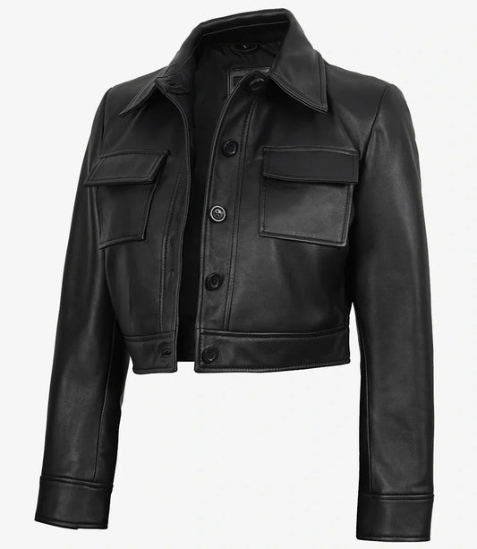 Jacketcart Freddie Women’s Black Cropped Harrington Leather Jacket – Real Lambskin