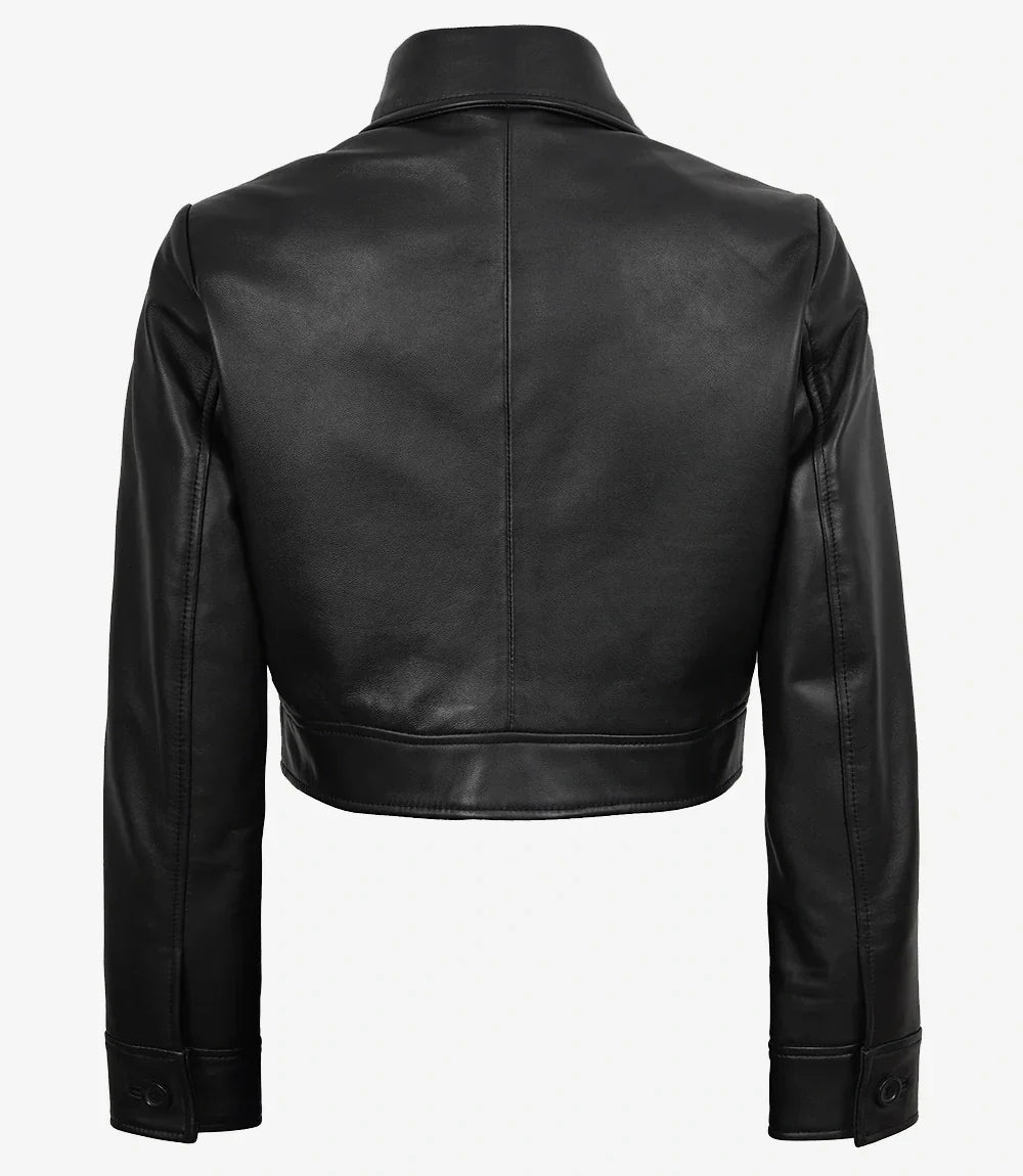 Jacketcart Freddie Women’s Black Cropped Harrington Leather Jacket – Real Lambskin