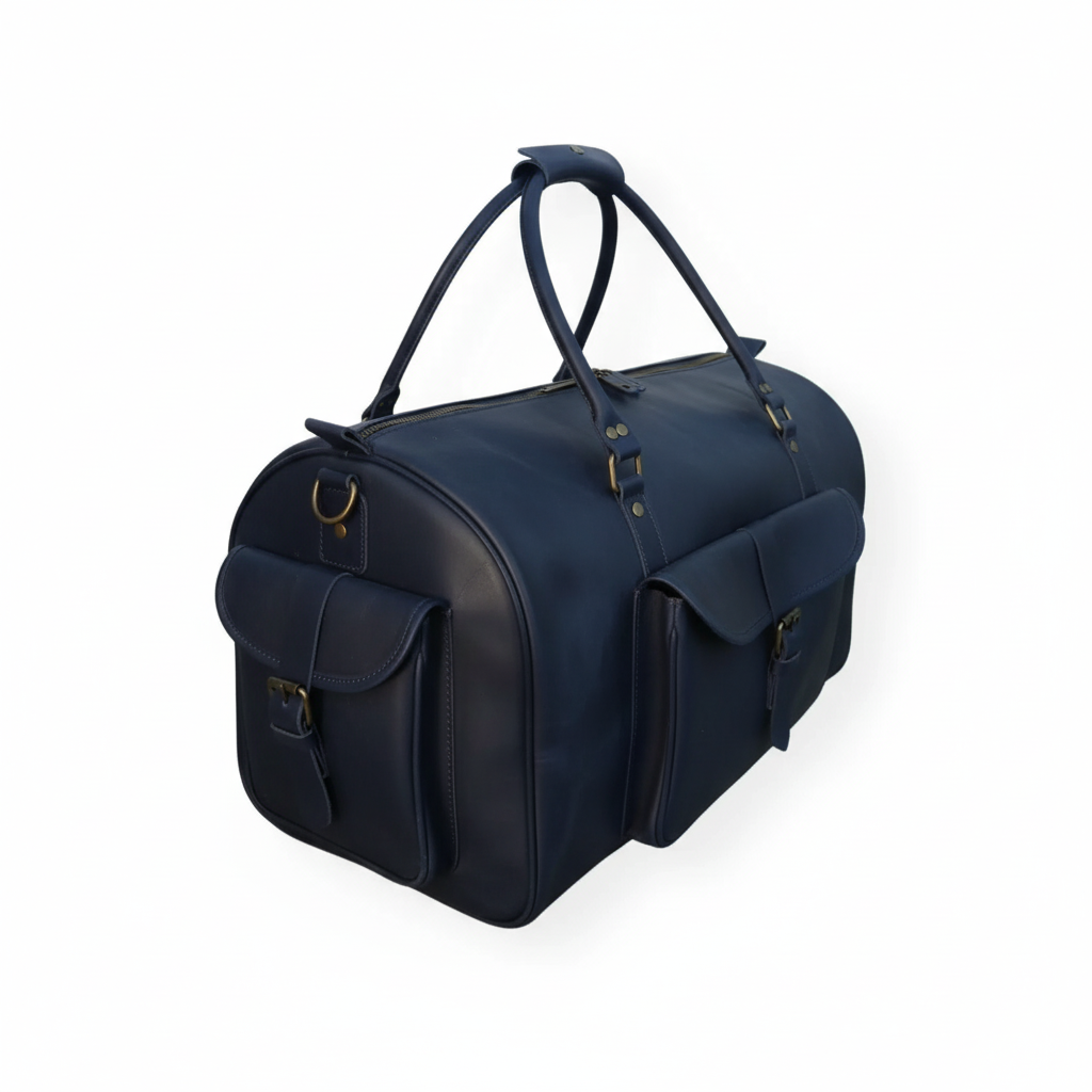 Navy Full-Grain Leather Duffel Bag – Men’s Travel & Gym Holdall | Jacketcart