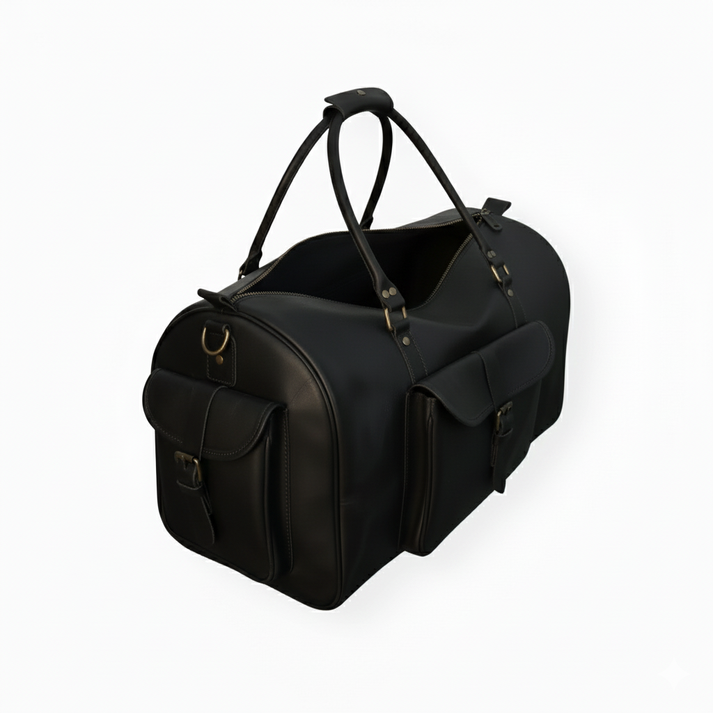 Jacketcart Black Full-Grain Leather Duffel Bag – Premium Men’s Travel & Gym Holdall