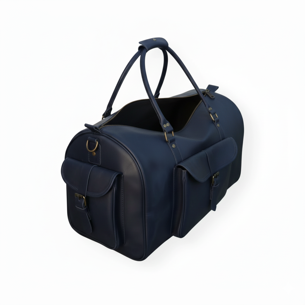 Navy Full-Grain Leather Duffel Bag – Men’s Travel & Gym Holdall | Jacketcart