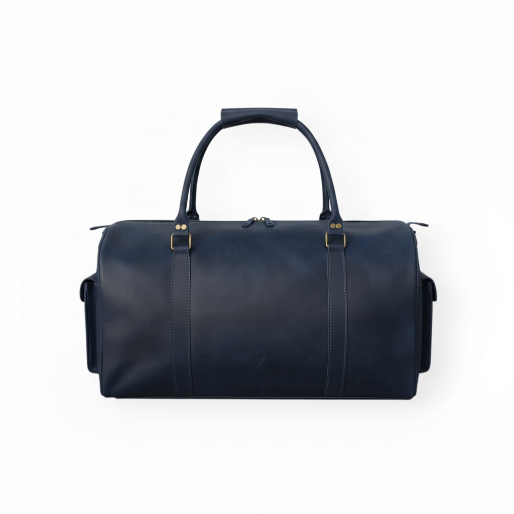 Navy Full-Grain Leather Duffel Bag – Men’s Travel & Gym Holdall | Jacketcart