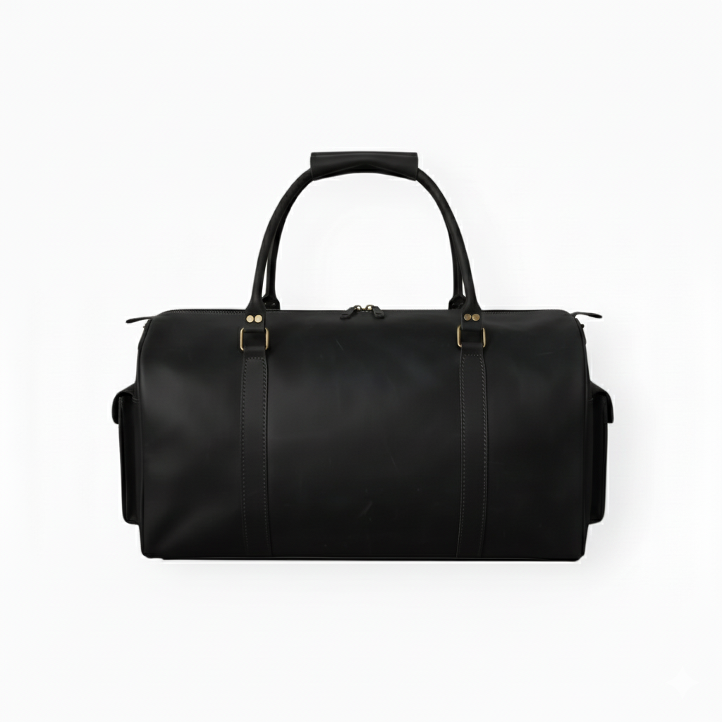 Jacketcart Black Full-Grain Leather Duffel Bag – Premium Men’s Travel & Gym Holdall