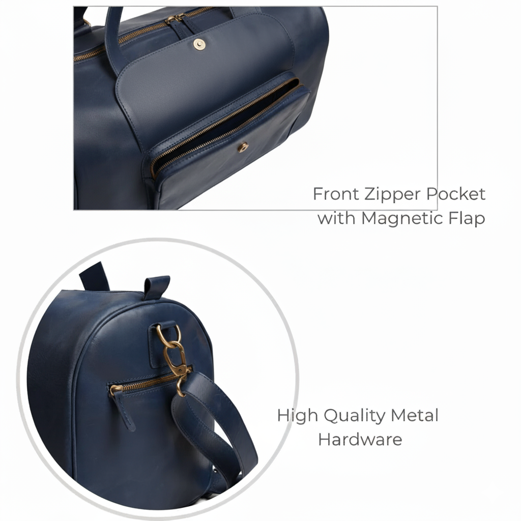 Jacketcart  Navy Full-Grain Pull-Up Leather Duffel Bag