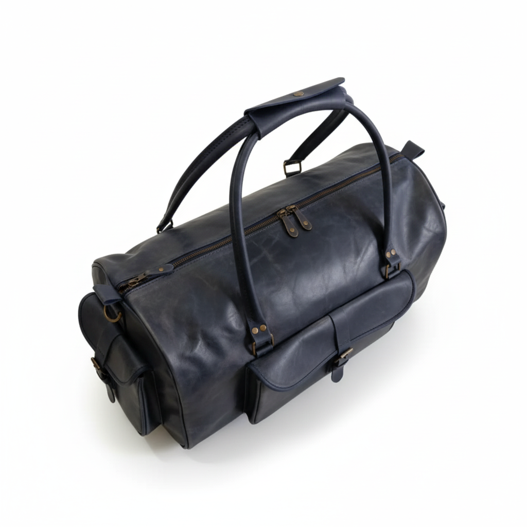 Navy Full-Grain Leather Duffel Bag – Men’s Travel & Gym Holdall | Jacketcart