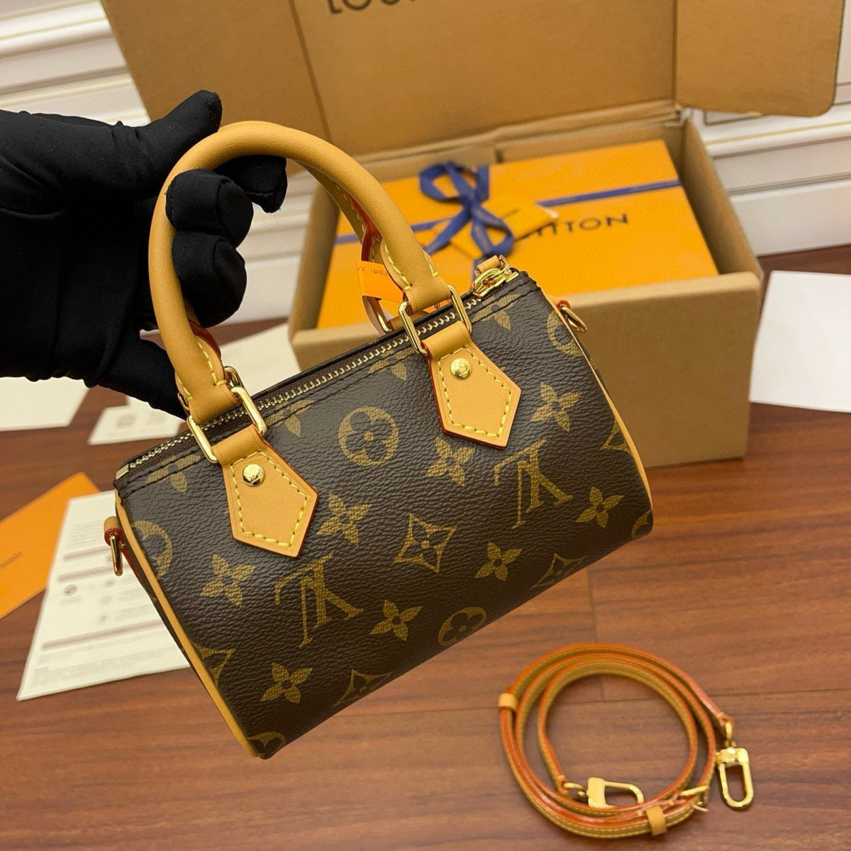 Nano Speedy 16 in Brown Monogram Canvas Gold Hardware