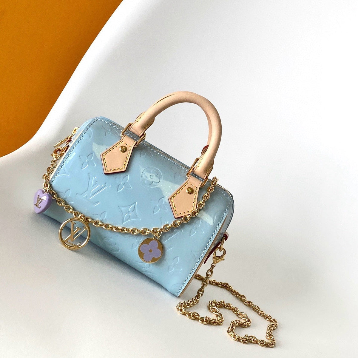 Nano Speedy 16 in Pastel Monogram Vernis Gold Hardware