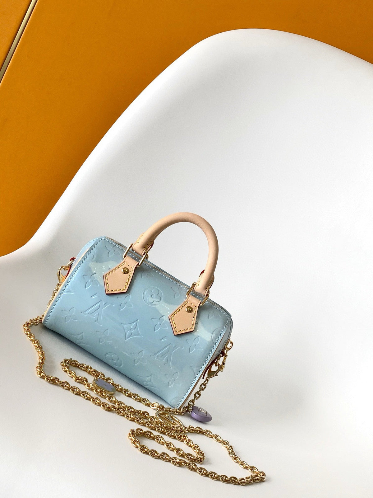Nano Speedy 16 in Pastel Monogram Vernis Gold Hardware