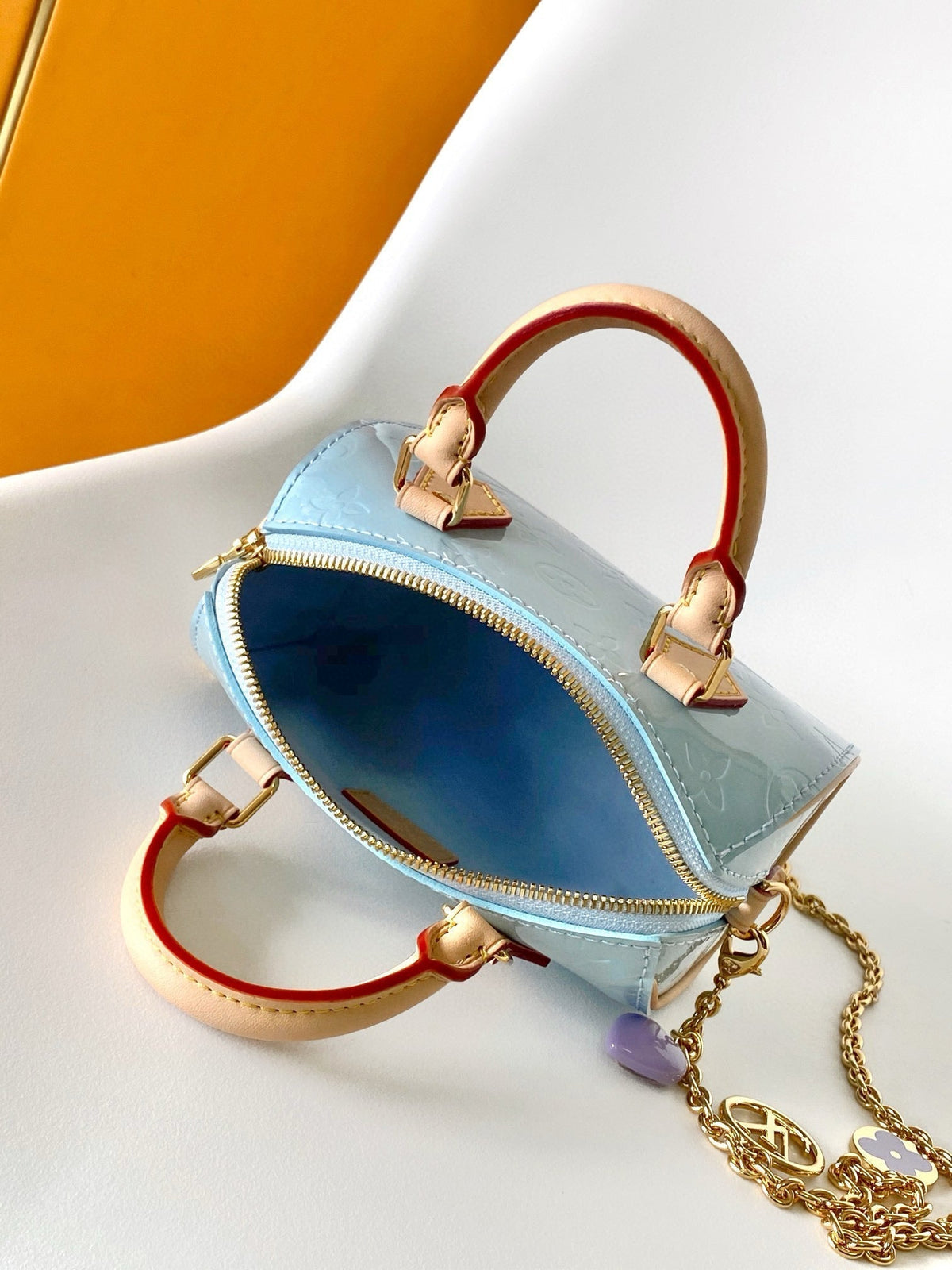 Nano Speedy 16 in Pastel Monogram Vernis Gold Hardware