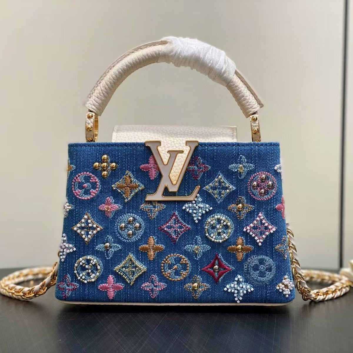LV Capucines Bag 21 Pinic in Colorful Denim Gold Hardware