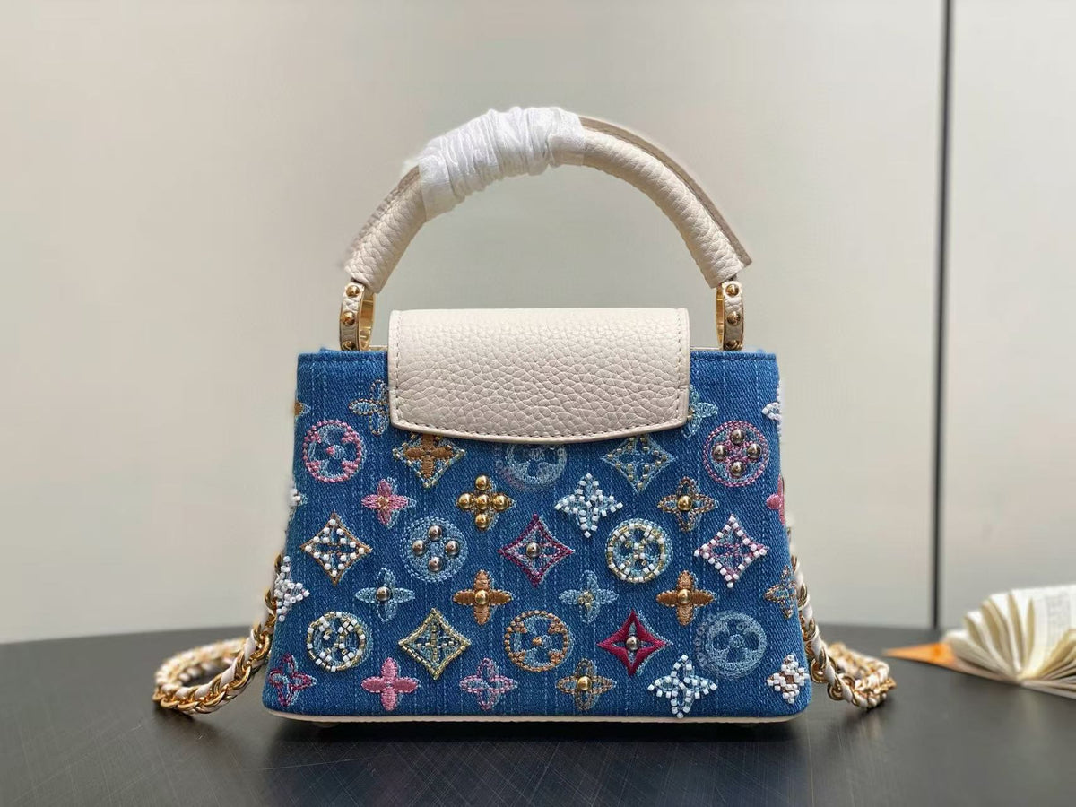 LV Capucines Bag 21 Pinic in Colorful Denim Gold Hardware