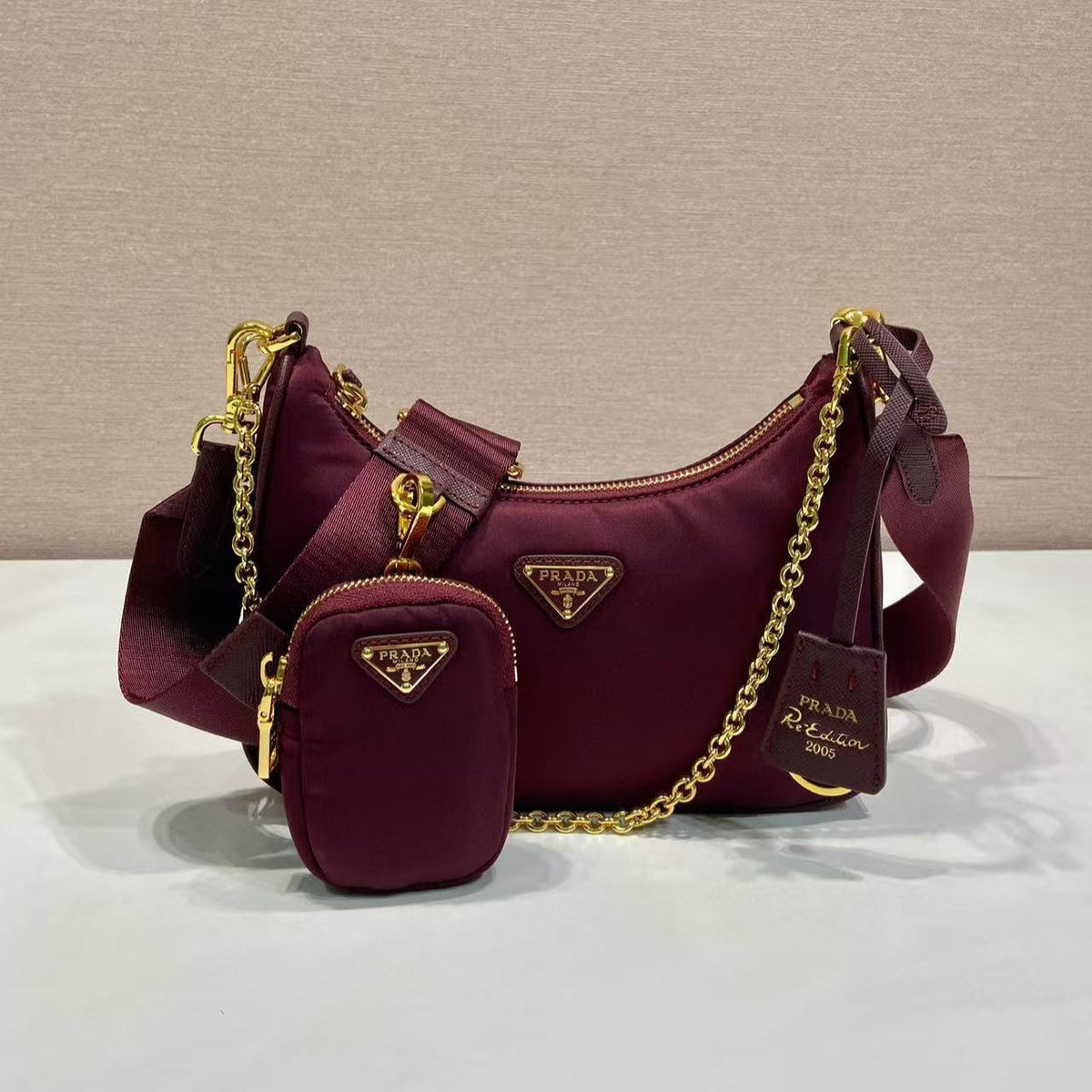 Pra Hobo Bag 22 in Burgundy Red Re-nylon