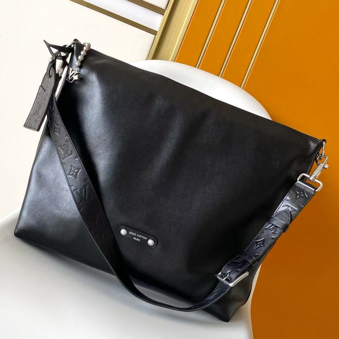 Shoulder Bag 48 in Black Calfskin Embossed Strap