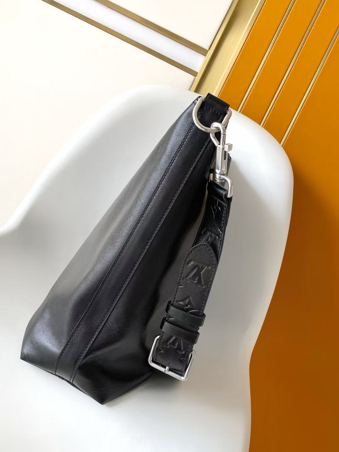Shoulder Bag 48 in Black Calfskin Embossed Strap
