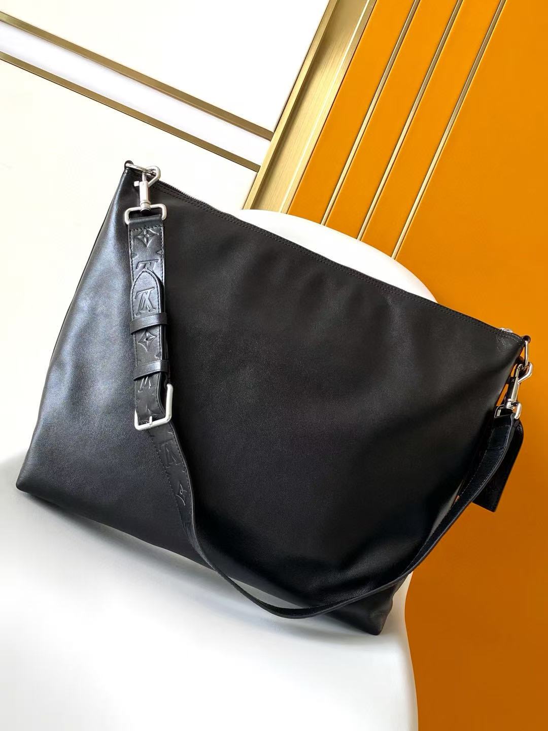 Shoulder Bag 48 in Black Calfskin Embossed Strap