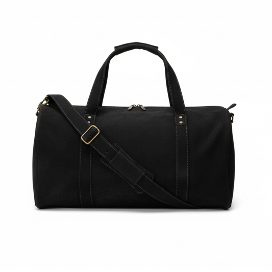 Jacketcart Black Leather Duffel Bag with Shoe Compartment
