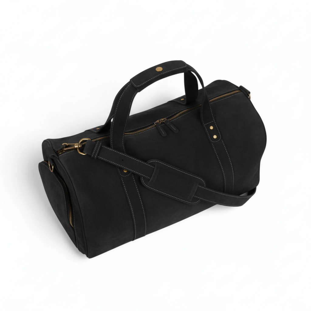 Jacketcart Black Leather Duffel Bag with Shoe Compartment