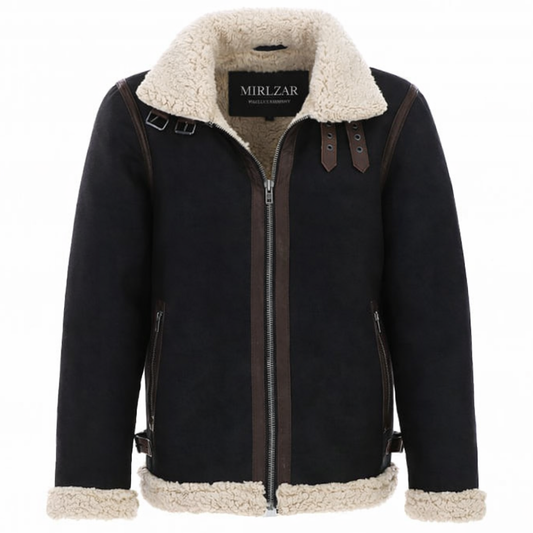 Jacketcart Men’s Black Suede Leather Jacket with Faux Fur Collar