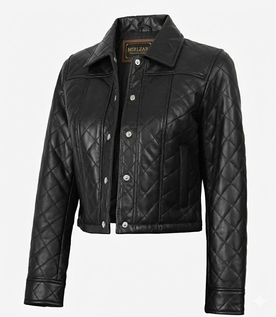 Jacketcart Women’s Black Quilted Cropped Leather Jacket