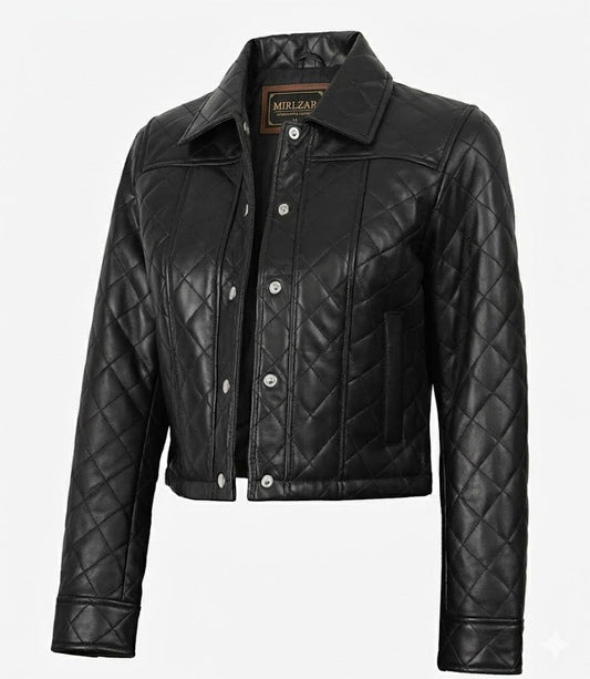 Jacketcart Women’s Black Quilted Cropped Leather Jacket