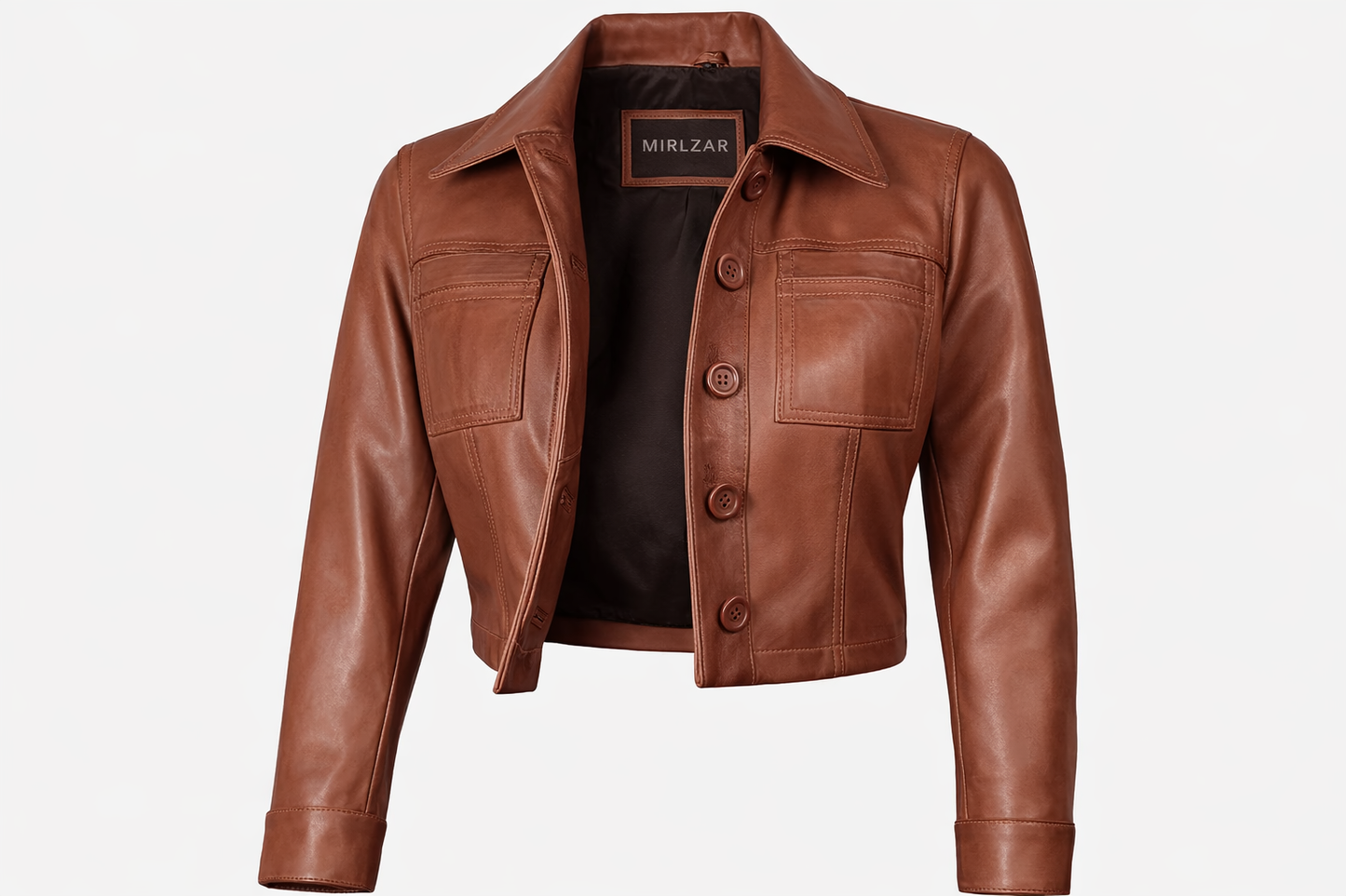 Jacketcart Women’s Cognac Brown Cropped Harrington Leather Jacket – Button Front Chic Fit