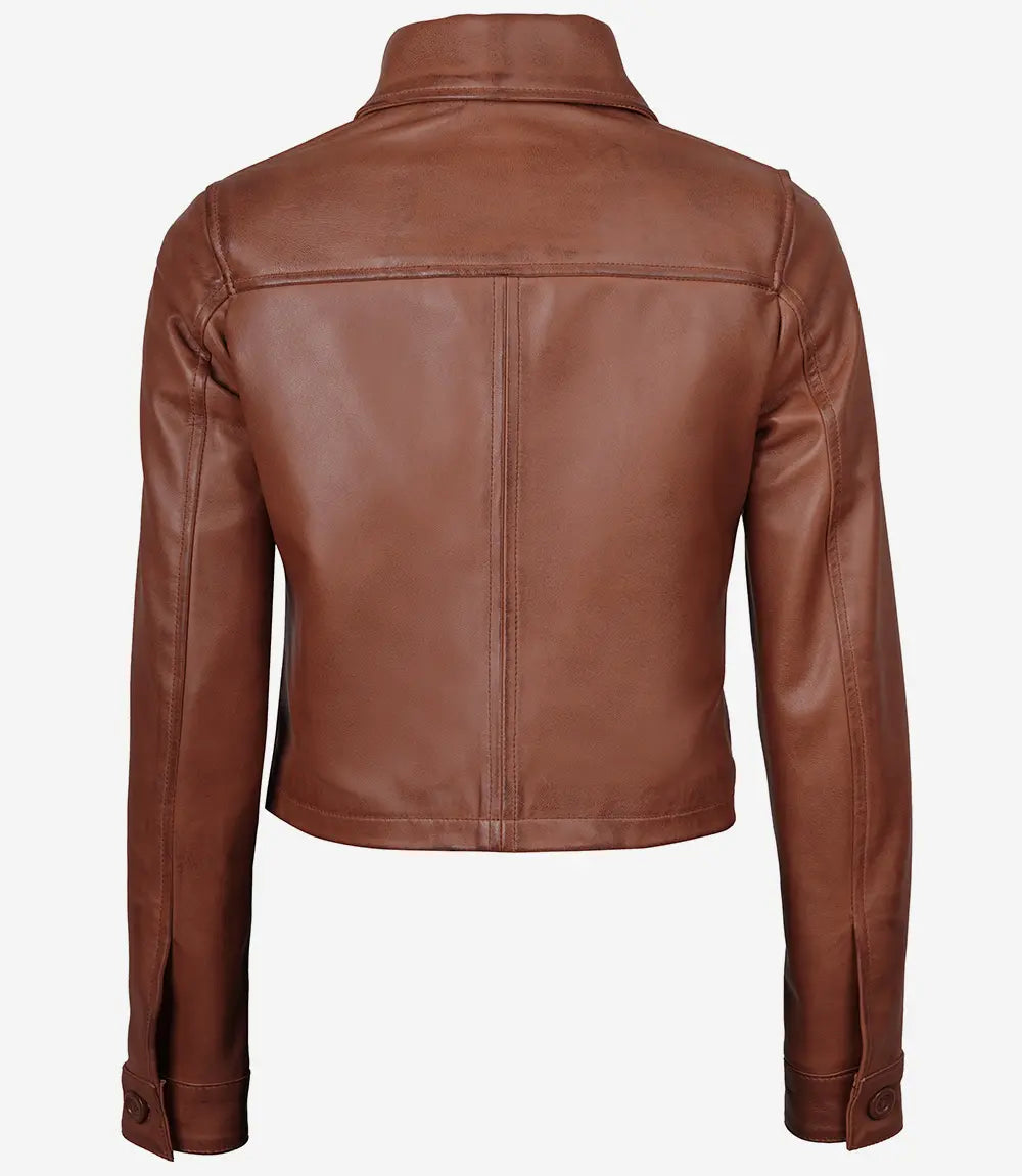 Jacketcart Women’s Cognac Brown Cropped Harrington Leather Jacket – Button Front Chic Fit