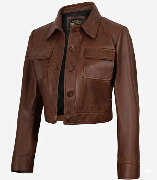 Jacketcart Women’s Cognac Brown Cropped Shirt Collar Leather Jacket
