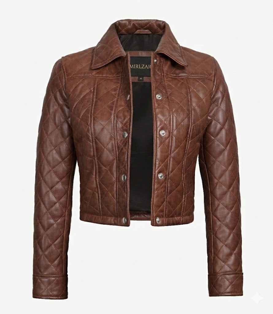 Jacketcart Women’s Cognac Brown Quilted Cropped Leather Jacket