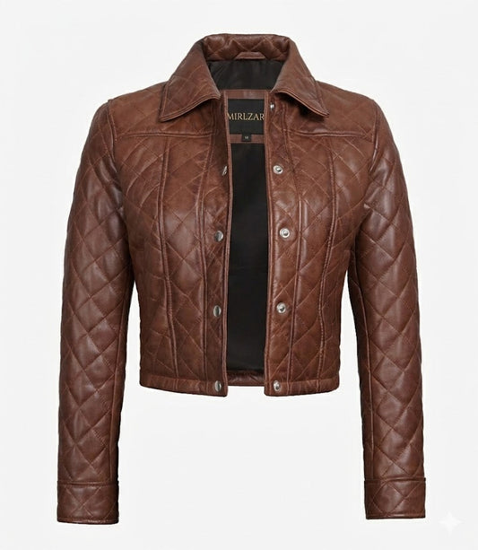 Jacketcart Women’s Cognac Brown Quilted Cropped Leather Jacket