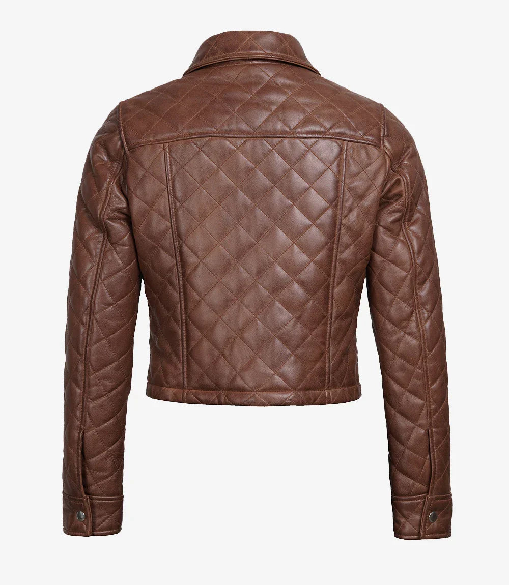 Jacketcart Women’s Cognac Brown Quilted Cropped Leather Jacket