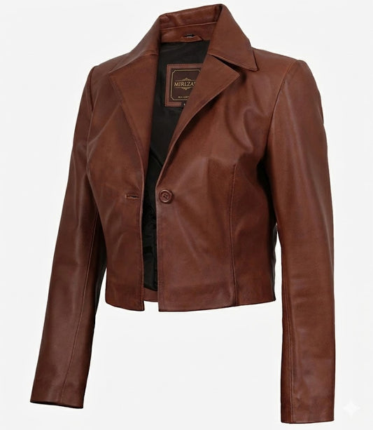 Jacketcart Women’s Cognac Brown Single Button Cropped Leather Jacket