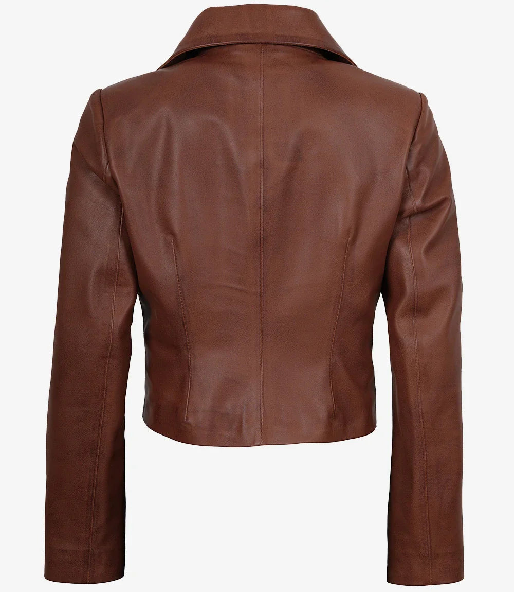 Jacketcart Women’s Cognac Brown Single Button Cropped Leather Jacket