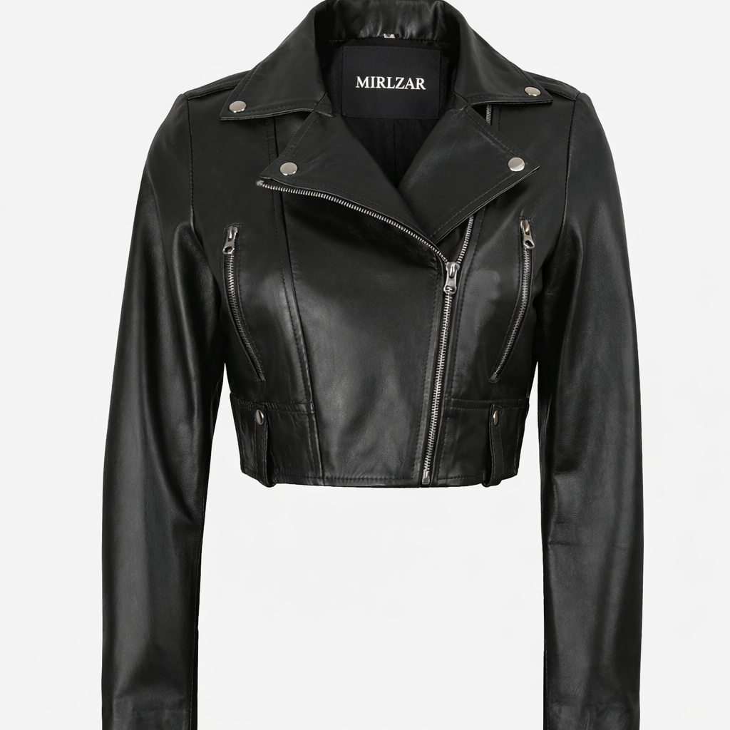 Jacketcart Women’s Cropped Black Lambskin Leather Biker Jacket – Slim Moto Fit