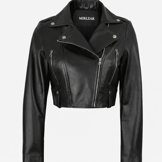 Jacketcart Women’s Cropped Black Lambskin Leather Biker Jacket – Slim Moto Fit