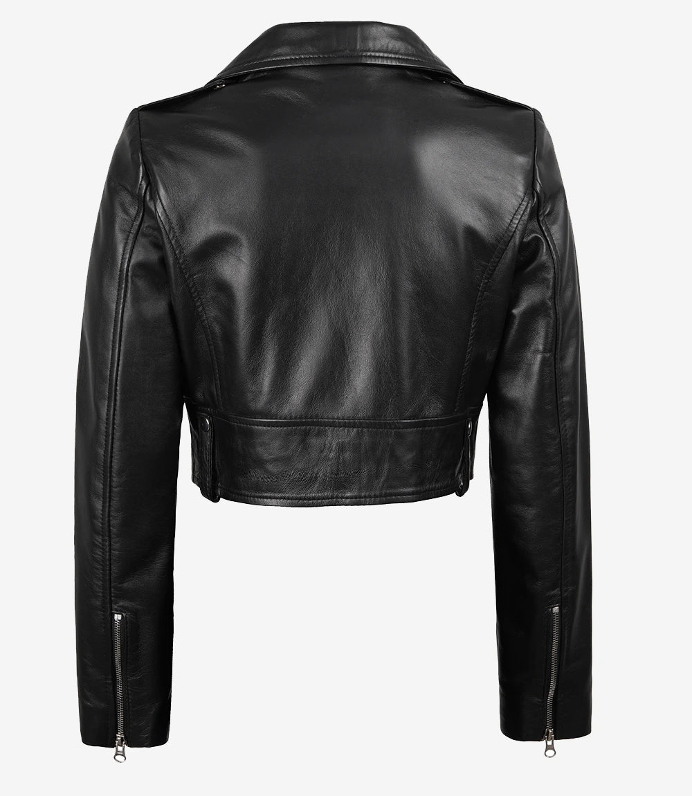 Jacketcart Women’s Cropped Black Lambskin Leather Biker Jacket – Slim Moto Fit