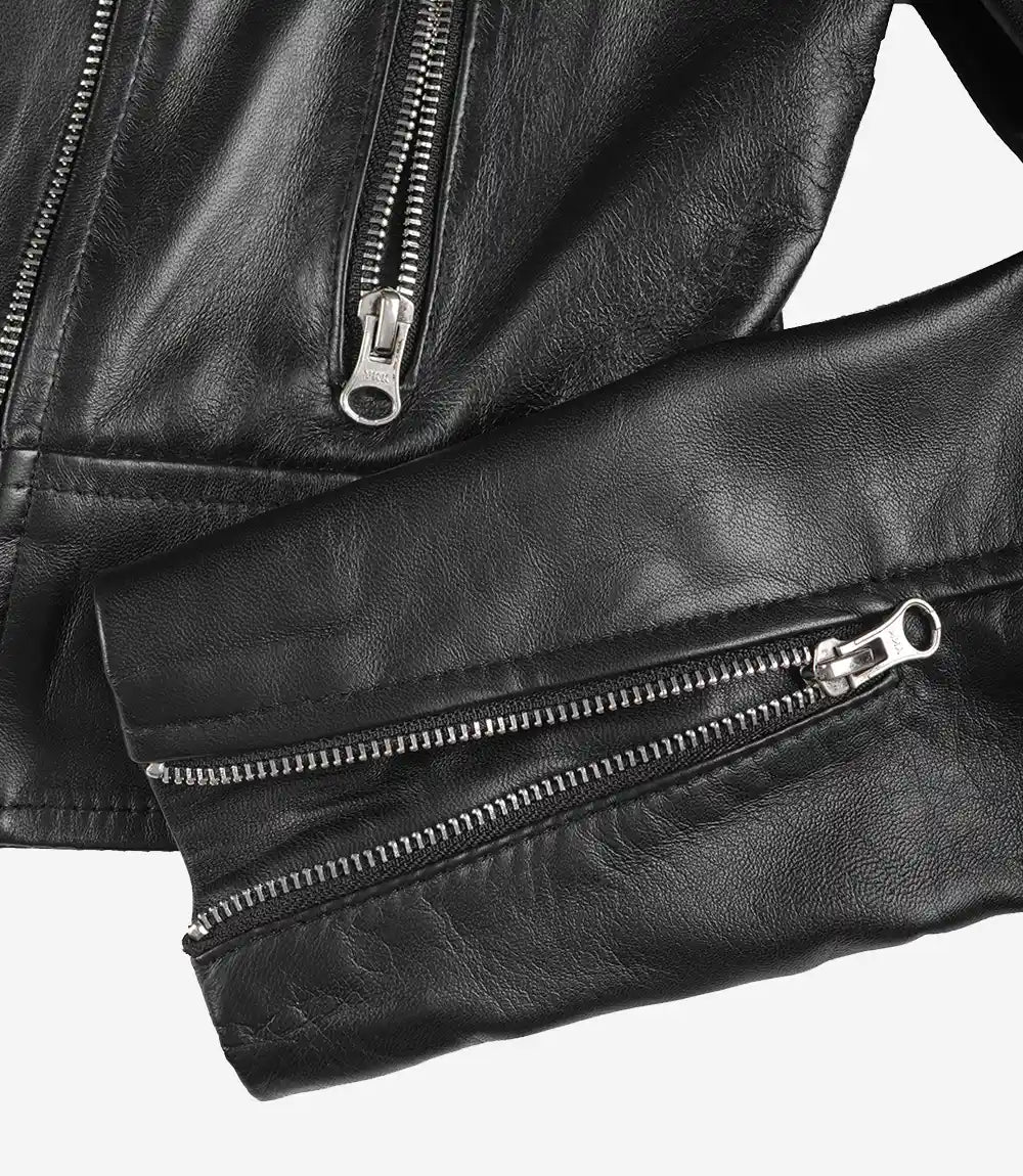 Jacketcart Women’s Cropped Black Lambskin Leather Biker Jacket – Slim Moto Fit