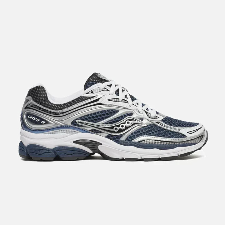 Navy and white running shoe on a white background