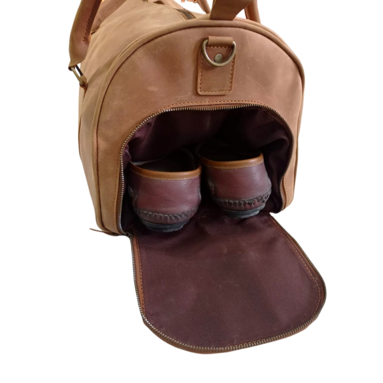 Tan Full-Grain Leather Duffel Bag with Shoe Compartment – Jacketcart