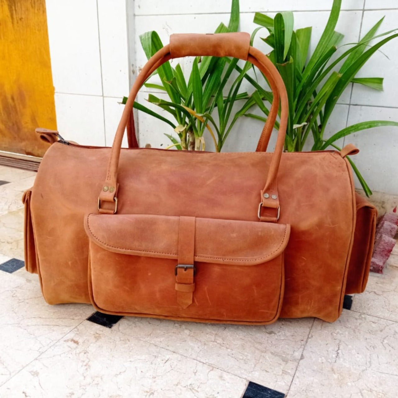 Jacketcart Tan Leather Travel Duffel Bag