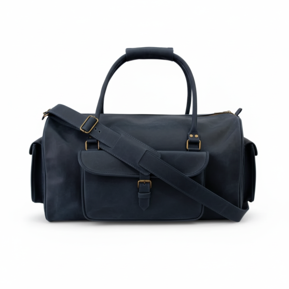 Navy Full-Grain Leather Duffel Bag – Men’s Travel & Gym Holdall | Jacketcart