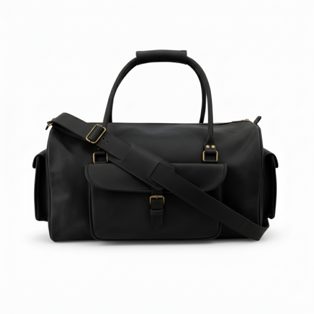 Jacketcart Black Full-Grain Leather Duffel Bag – Premium Men’s Travel & Gym Holdall