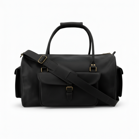 Jacketcart Black Full-Grain Leather Duffel Bag – Premium Men’s Travel & Gym Holdall