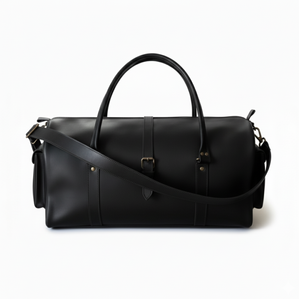 Jacketcart Black Full-Grain Pull-Up Leather Duffel Bag