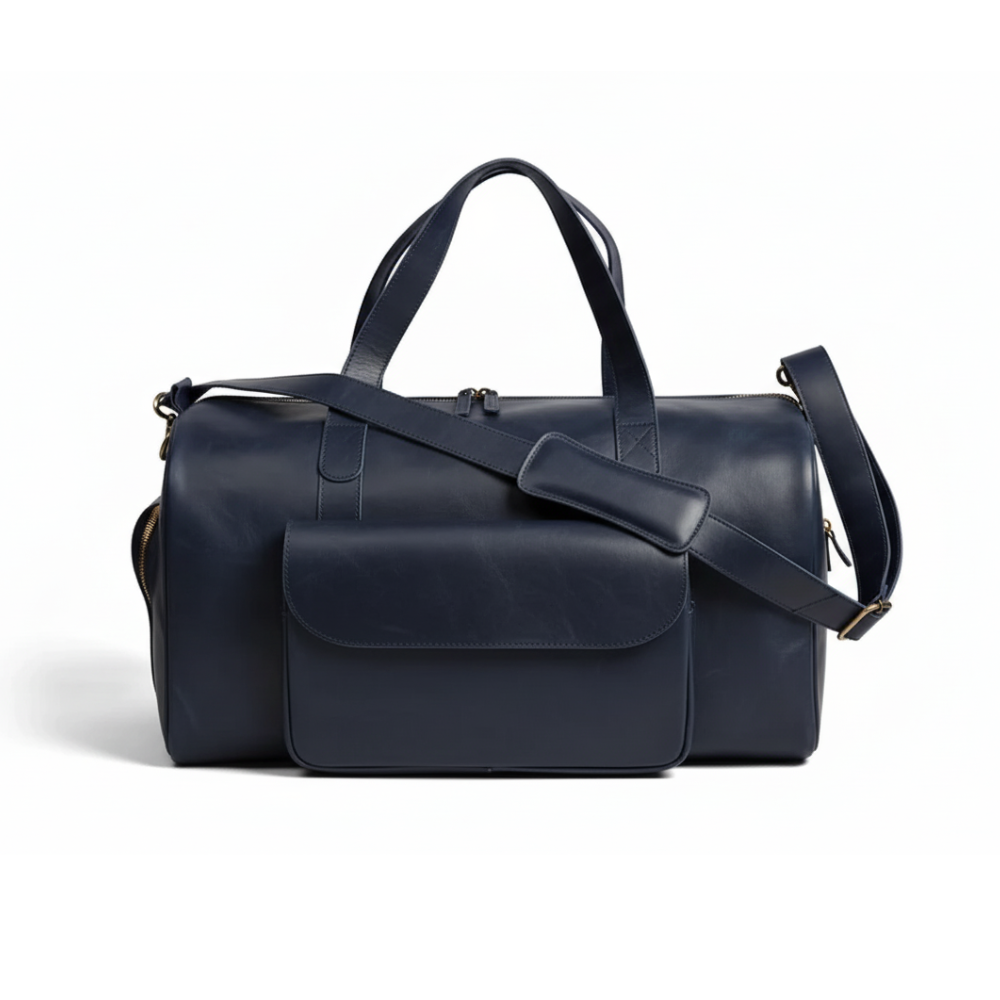 Jacketcart  Navy Full-Grain Pull-Up Leather Duffel Bag